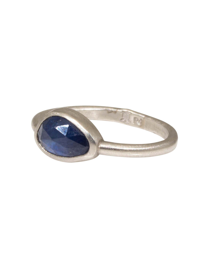 Organic Horizontal Pear Shaped Blue Sapphire Palladium Ring