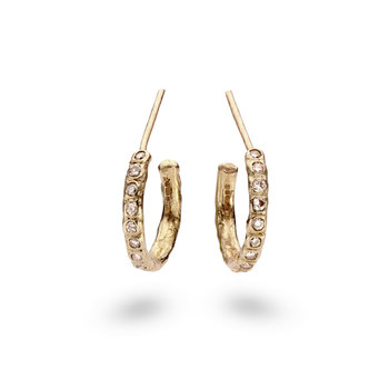 Champagne Diamond Beaded Hoop Post Earrings in 14k Gold
