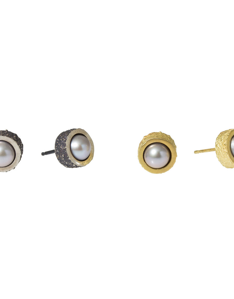 Grey Pearl Post Earrings with Sand Texture in 18k Yellow Gold