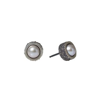 Grey Pearl Post Earrings with Sand Texture in Oxidized Silver