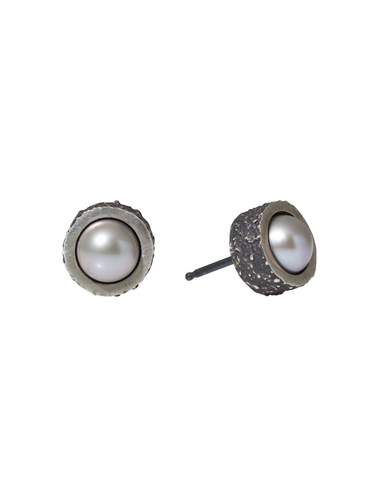 Grey Pearl Post Earrings with Sand Texture in Oxidized Silver