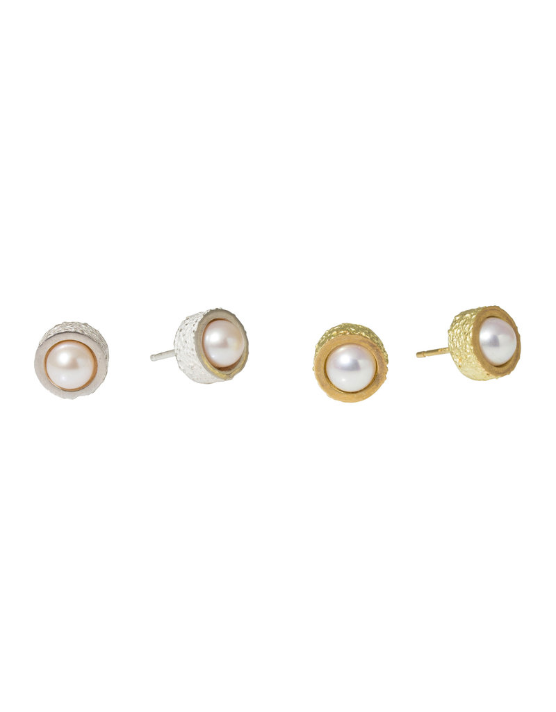 White Pearl Post Earrings with Sand Texture in 18k Yellow Gold