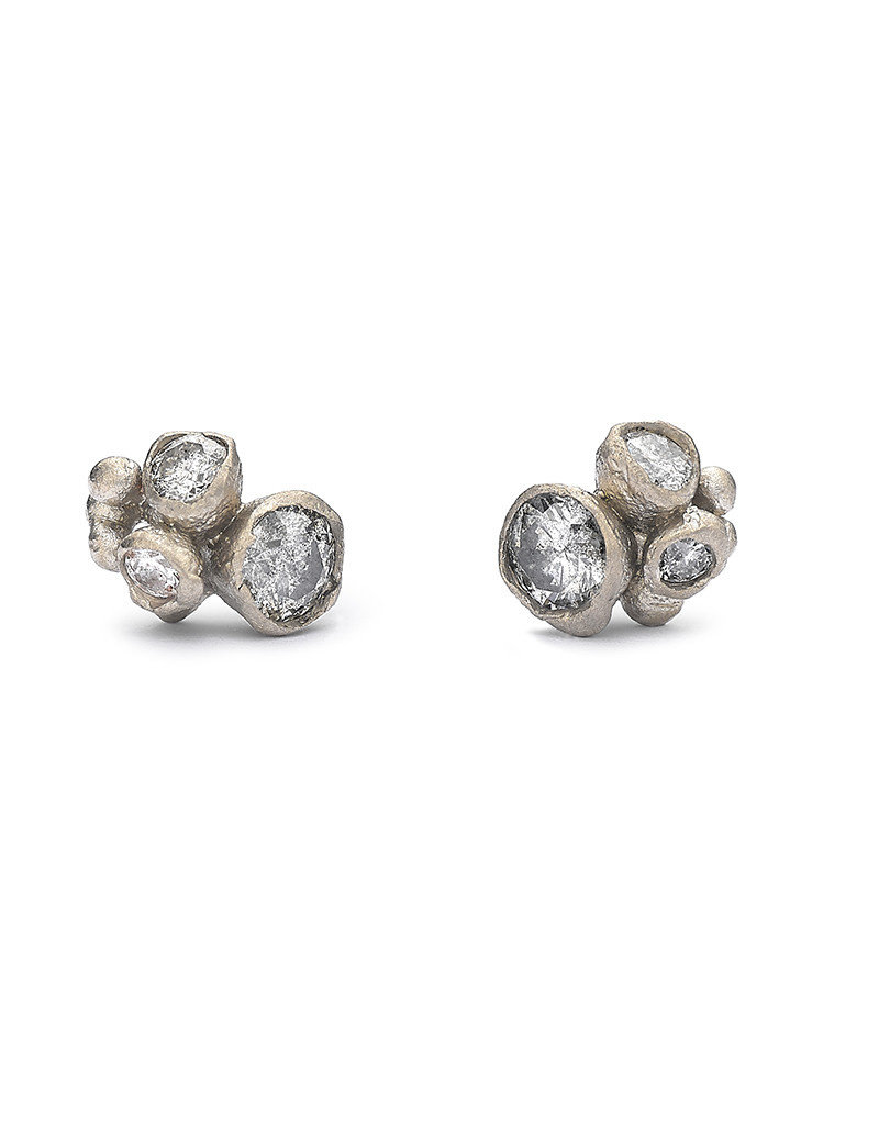 Grey Diamond Cluster Post Earrings in 18k Warm White Gold