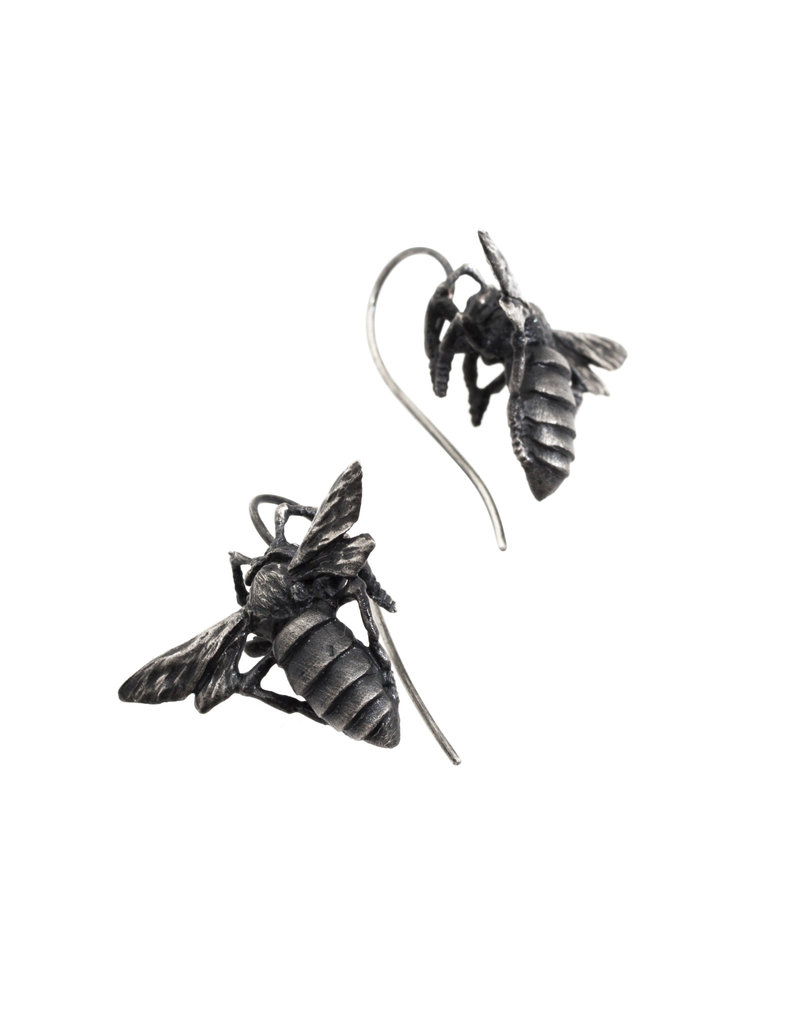 Honey Bee Dangle Earrings in Oxidized Silver