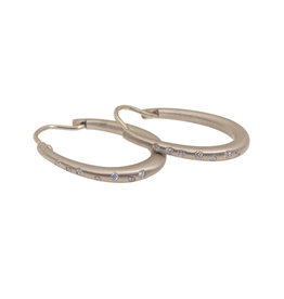 Small Oval Katachi Hinged Hoop Earrings in 18k Palladium White Gold with White Diamonds