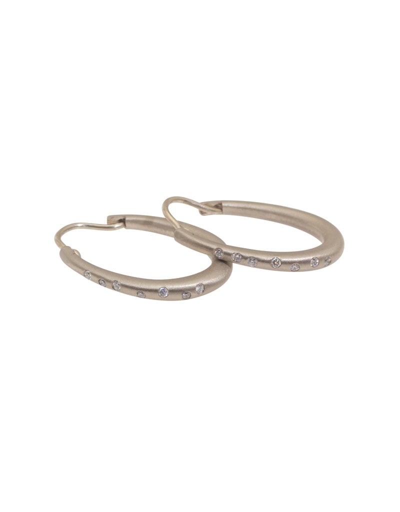 Small Oval Katachi Hinged Hoop Earrings in 18k Palladium White Gold with White Diamonds