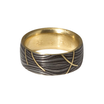 Sea Floor Band in Damascus Steel with 18k Yellow Gold Lining