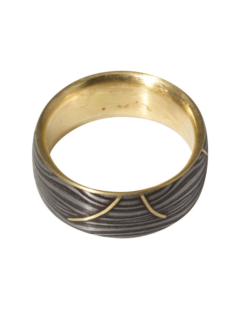 Sea Floor Band in Damascus Steel with 18k Yellow Gold Lining