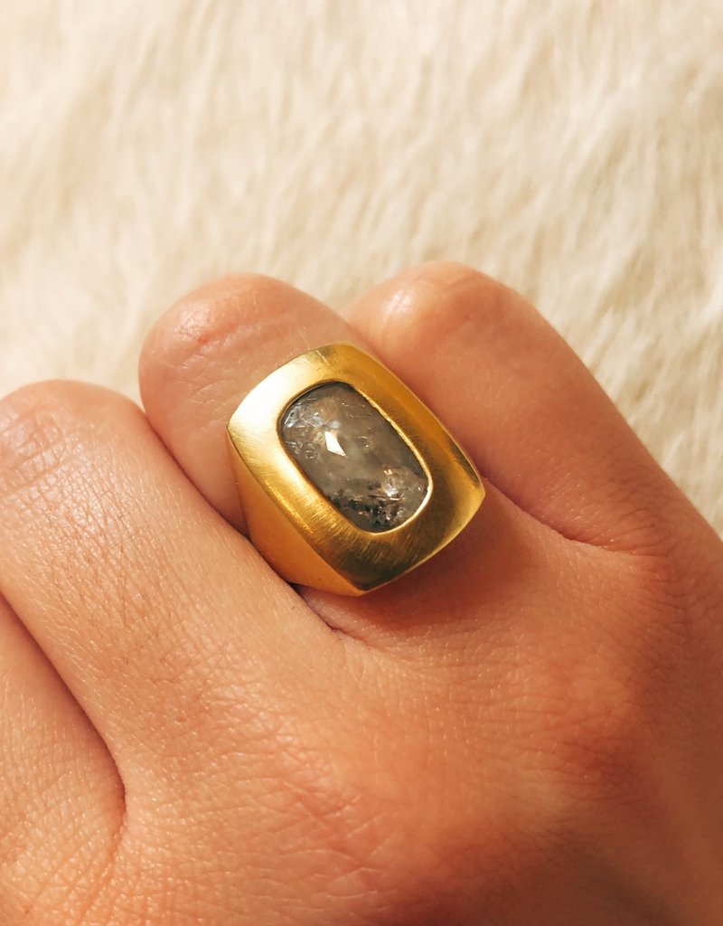 Box Ring with Rustic Grey Diamond in 18k Yellow Gold