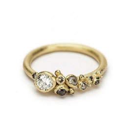 Diamond Cluster Ring with Antique Round Diamond in 14k Yellow Gold