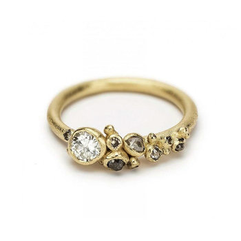 Diamond Cluster Ring with Antique Round Diamond in 14k Yellow Gold