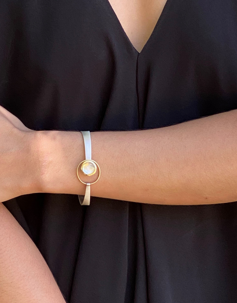 Moonstone Bracelet Cuff in 18k Yellow Gold and Silver