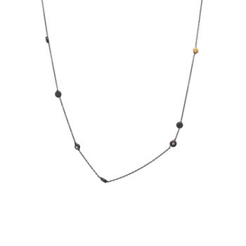 Short Delicate Koburi Chain Necklace with 1 Gold Dot and 2 Diamonds in Oxidized Silver