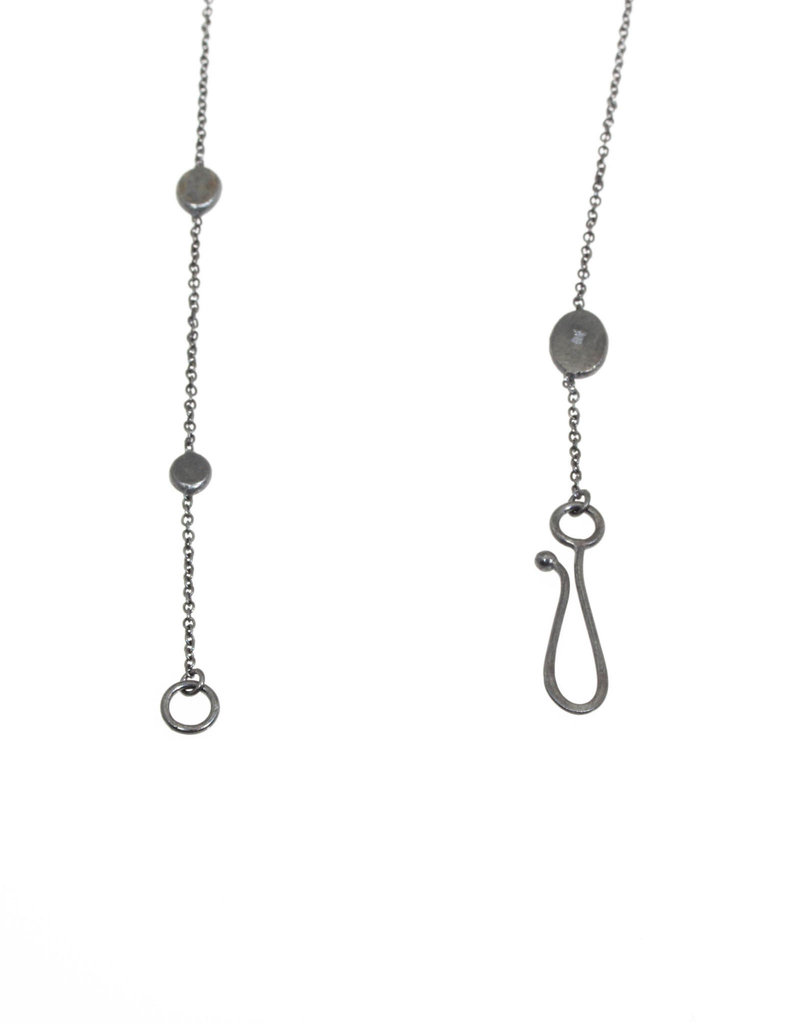 Short Delicate Koburi Chain Necklace with 1 Gold Dot and 2 Diamonds in Oxidized Silver