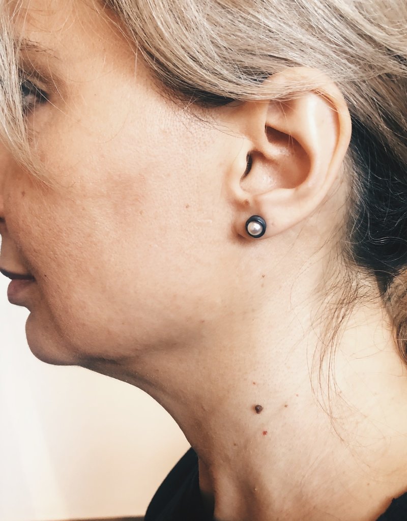 Water Droplet Post Earrings with White Pearls in Oxidized Silver