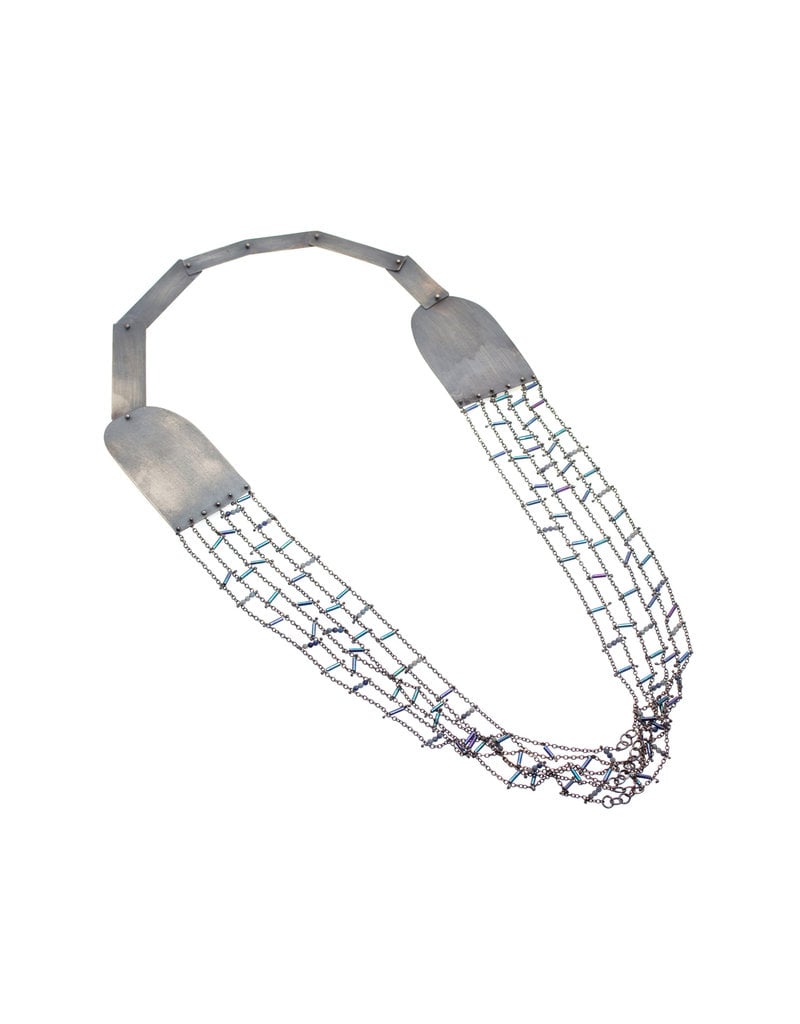 Grid Necklace in Oxidized SIlver with Blue Round and Long Beads