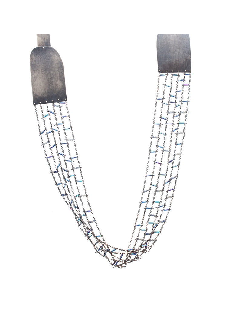Grid Necklace in Oxidized SIlver with Blue Round and Long Beads