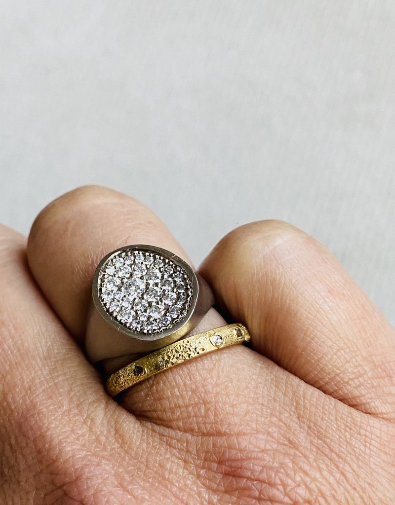 Organic Shaped Pave Signet Ring with White Diamonds in 18k Palladium White Gold