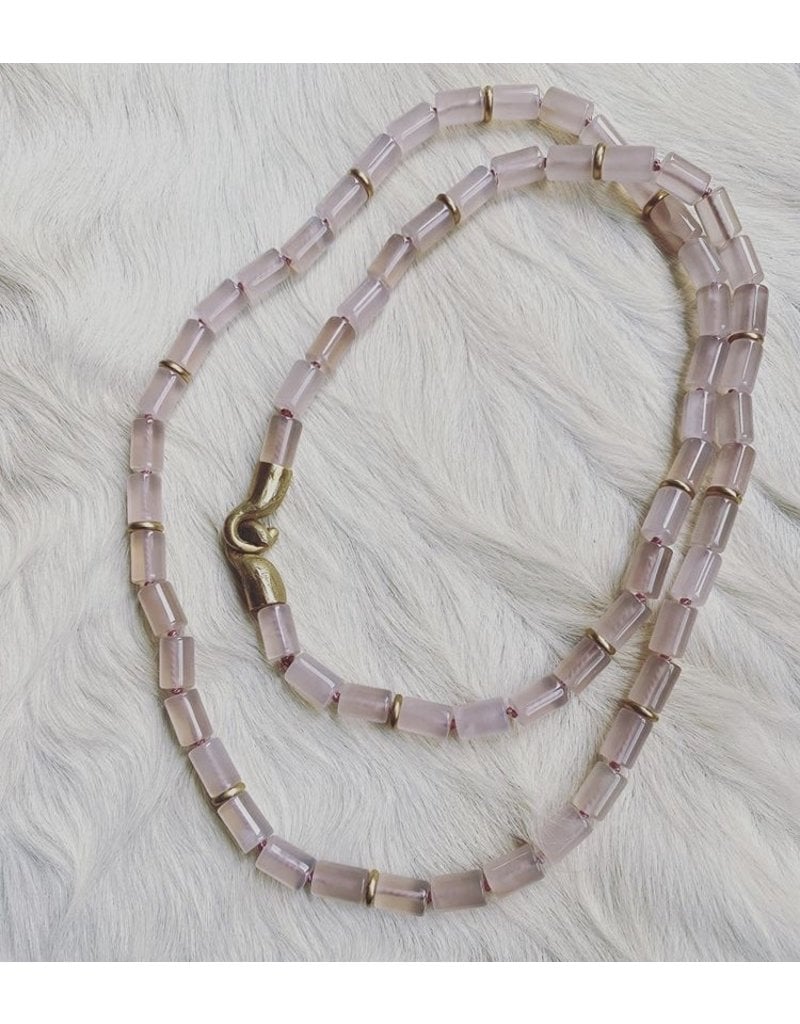 Rose Quartz Bead Necklace with Brass Discs and Bronze Clasp