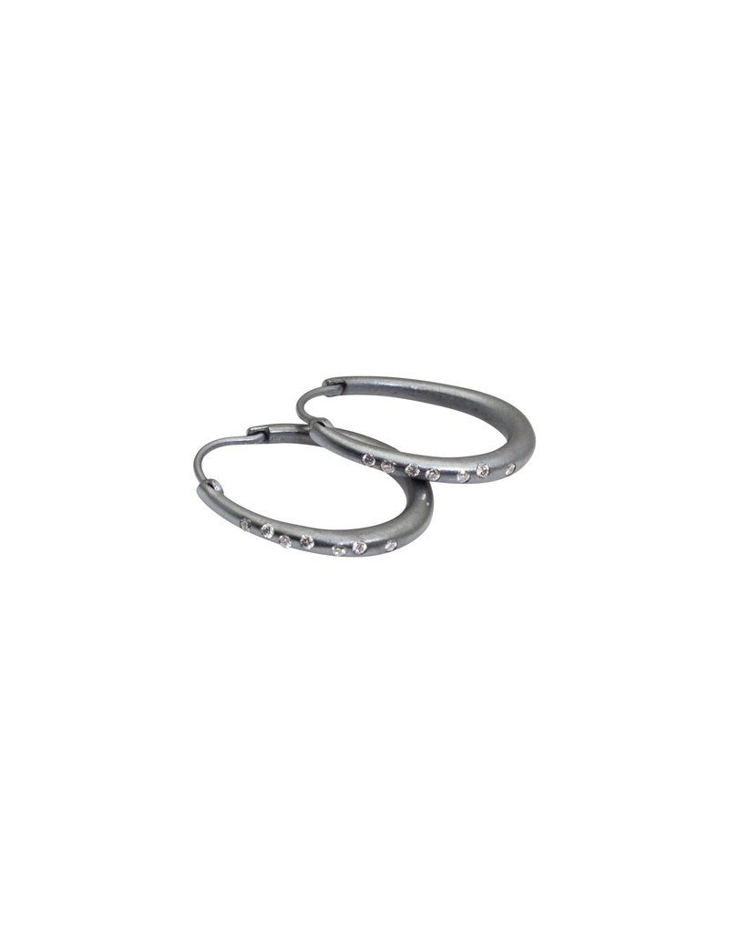 Oval Hoop Earrings with Locking Wire in Oxidized Silver and White Diamonds