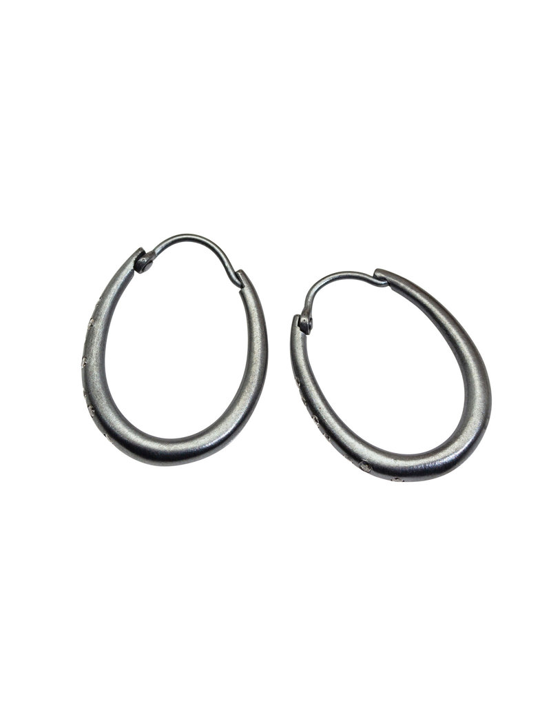 Oval Hoop Earrings with Locking Wire in Oxidized Silver and White Diamonds