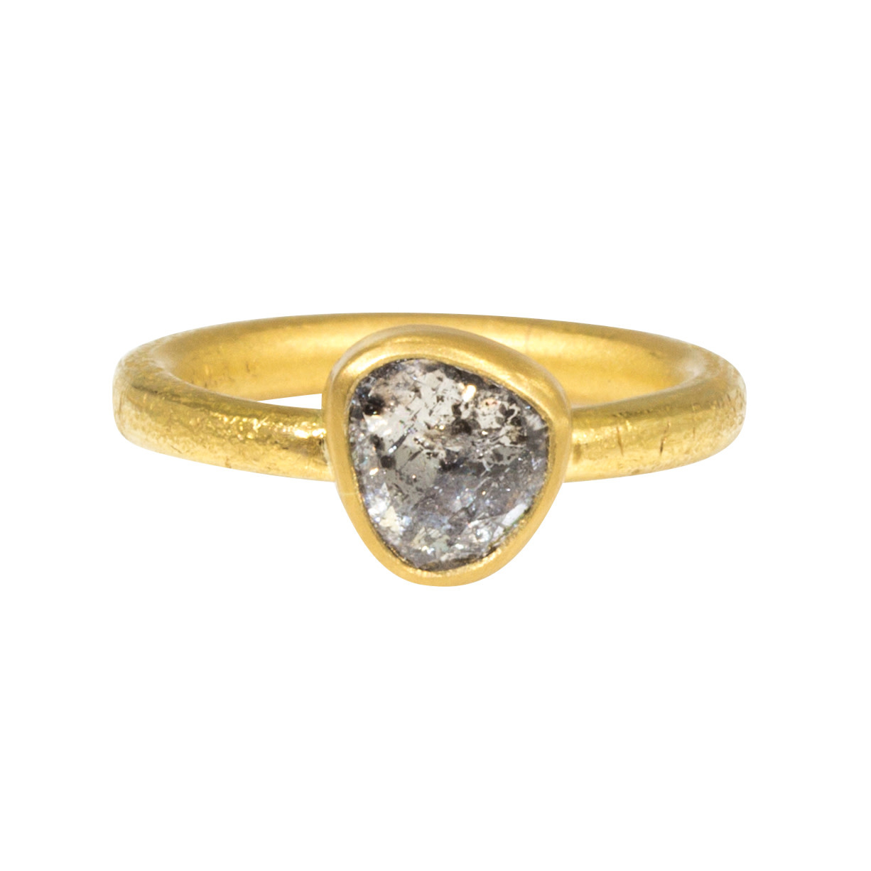 Salt and Pepper Diamond on 22k Gold Band Ancient Texture Shibumi Gallery