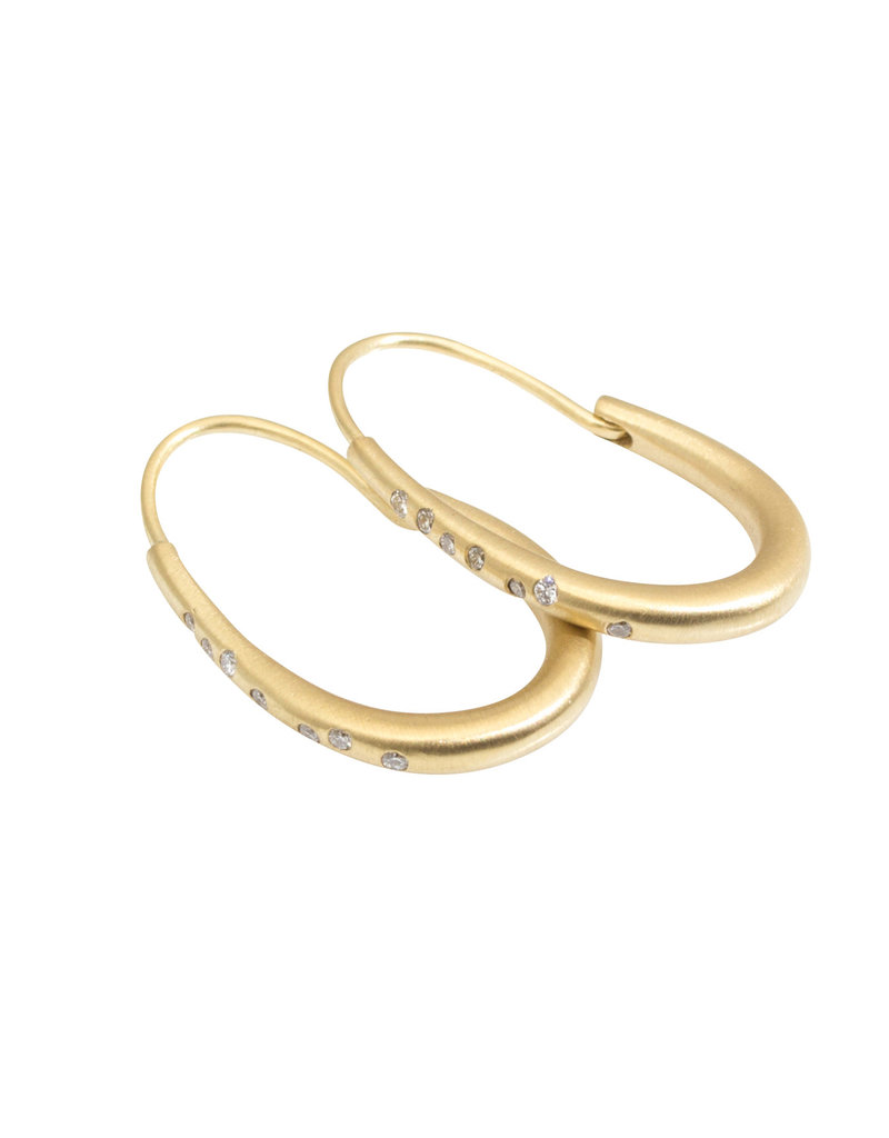 Small Oval Katachi Hoop Earrings with White Diamonds in 18k Yellow Gold