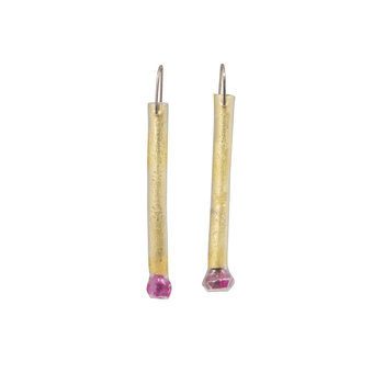 Heat Shrink Tube Dangle Earrings with 22k Gold & Chatham Ruby Crystals