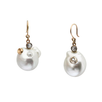 Organic South Sea  Pearl Earrings with Rose Cut Diamonds in 14k Yellow Gold