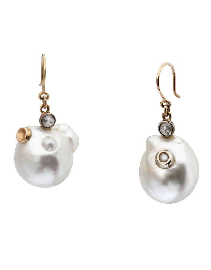 Organic South Sea  Pearl Earrings with Rose Cut Diamonds in 14k Yellow Gold