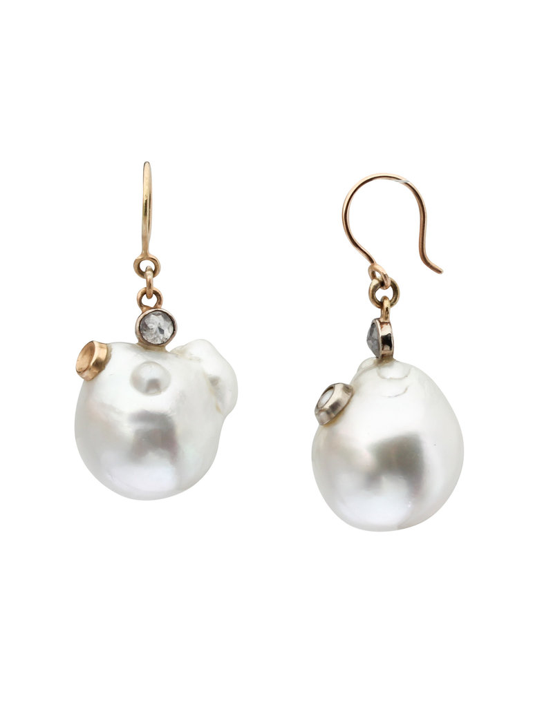 Organic South Sea  Pearl Earrings with Rose Cut Diamonds in 14k Yellow Gold