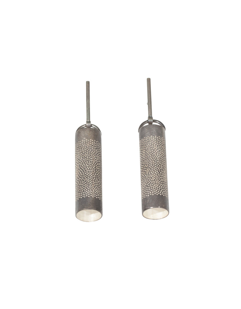 Oxidized Silver Perforated Large Cylinder Dangle Earrings