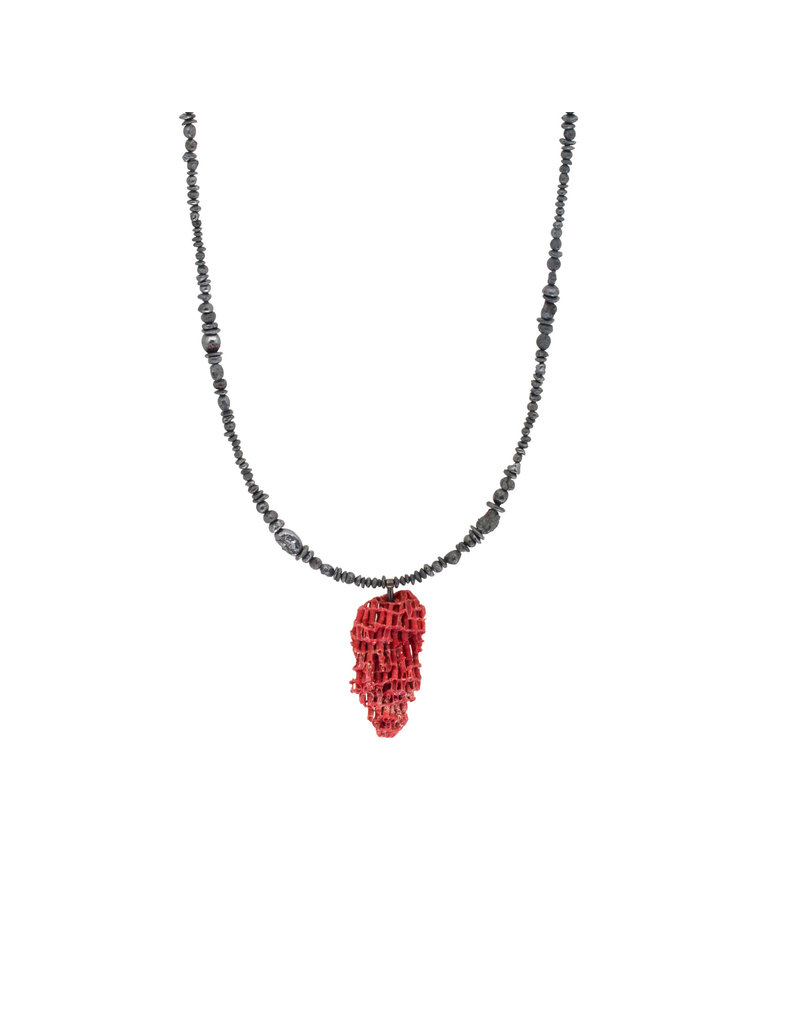 Seed Necklace with Coral Pendant in Oxidized Silver