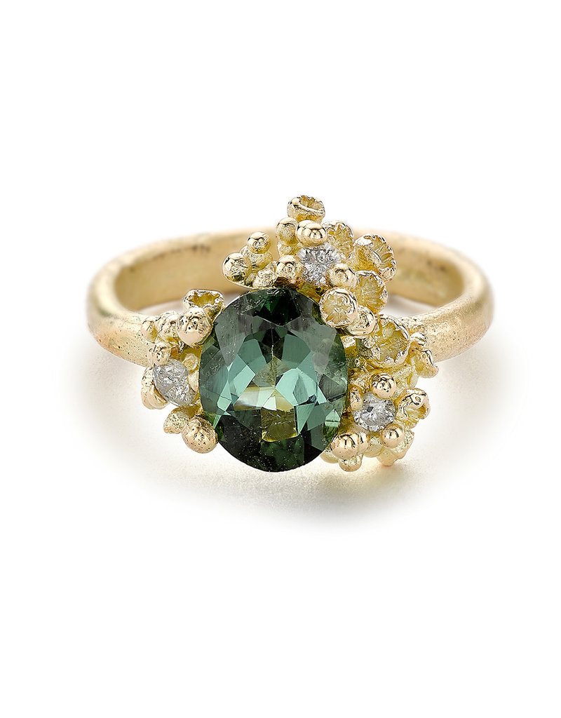 Green Tourmaline Ring with Diamonds and Barnacles in 18k Yellow Gold