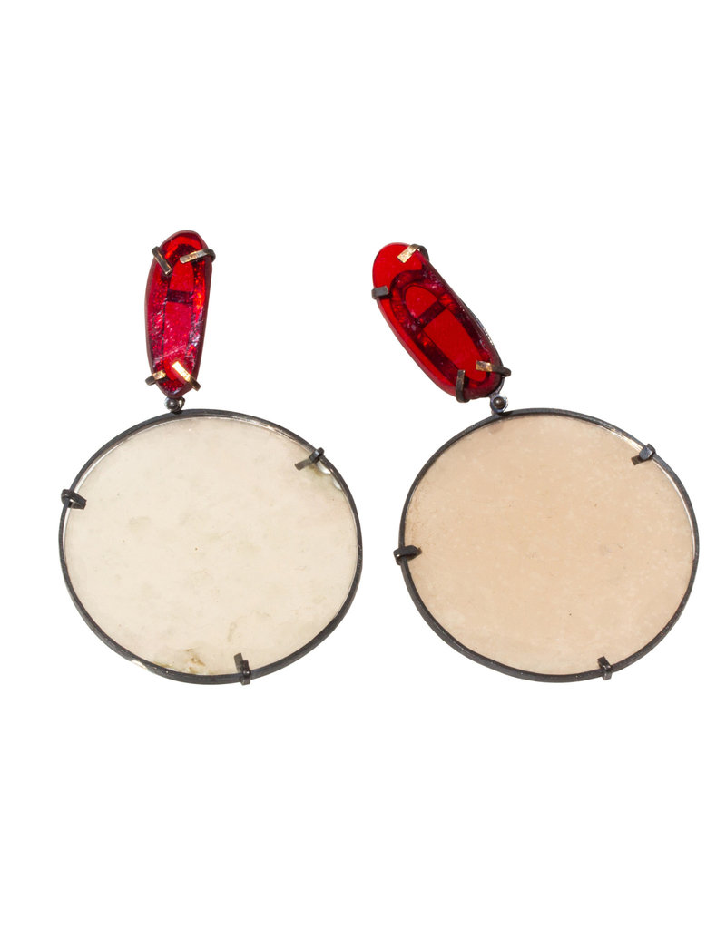 Red Glass Mica Earrings in Oxidized Silver