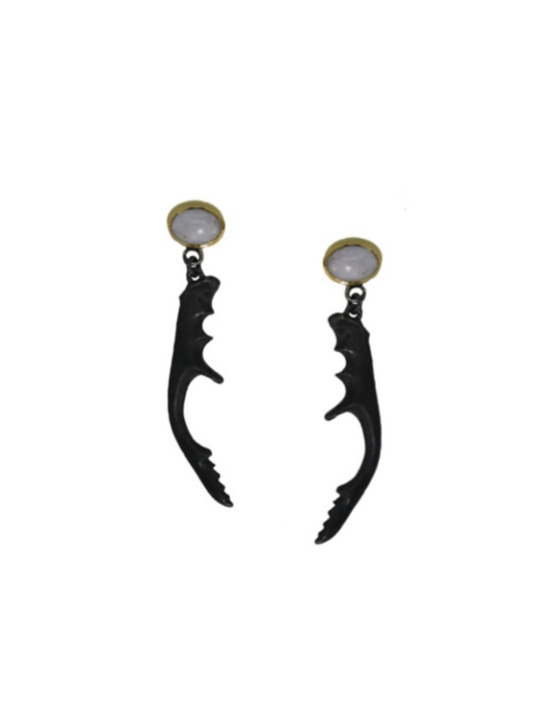 Alexis Pavlantos Stag Beetle Earrings in Silver and 14k Gold with White Jade