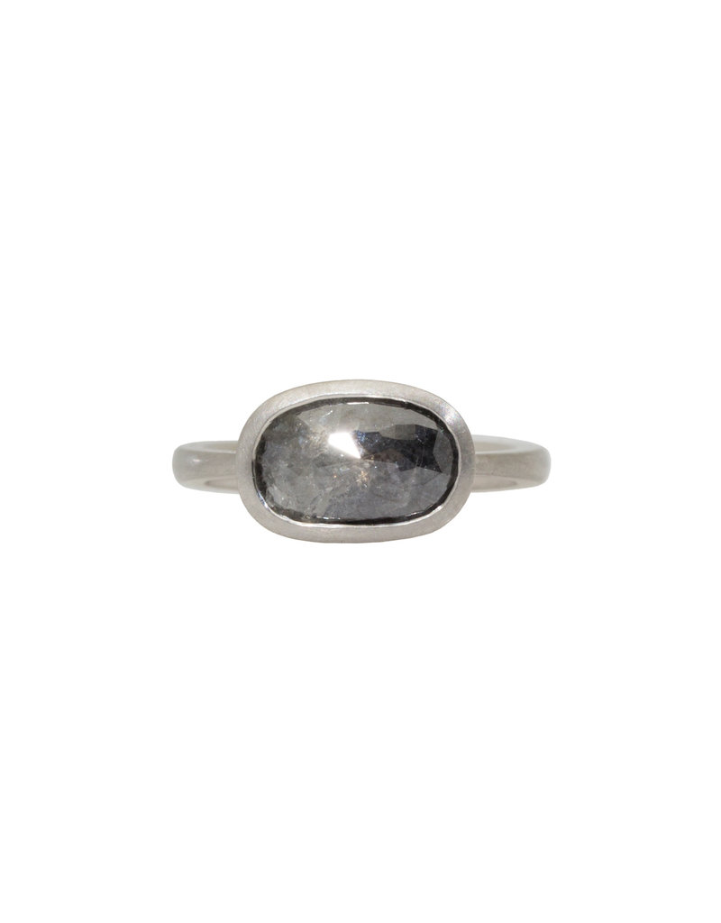 Long Oval Salt & Pepper Diamond Solitaire Ring in Platinum