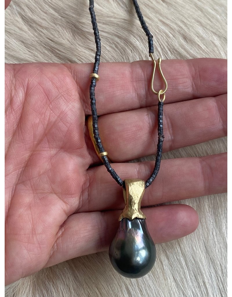 Tahitian Baroque Pearl Pendant on Hematite with 18k Yellow Gold Bail