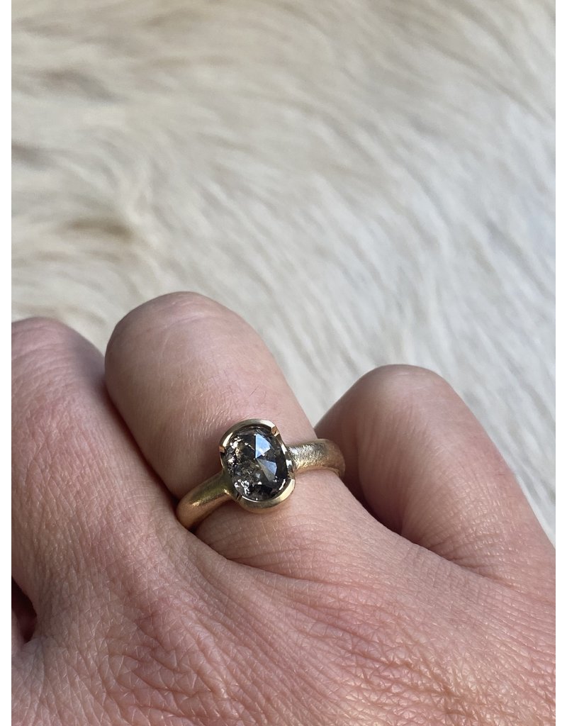 Oval Half Bezel Rosecut Salt and Pepper Diamond Ring in 18k Rose Yellow Gold