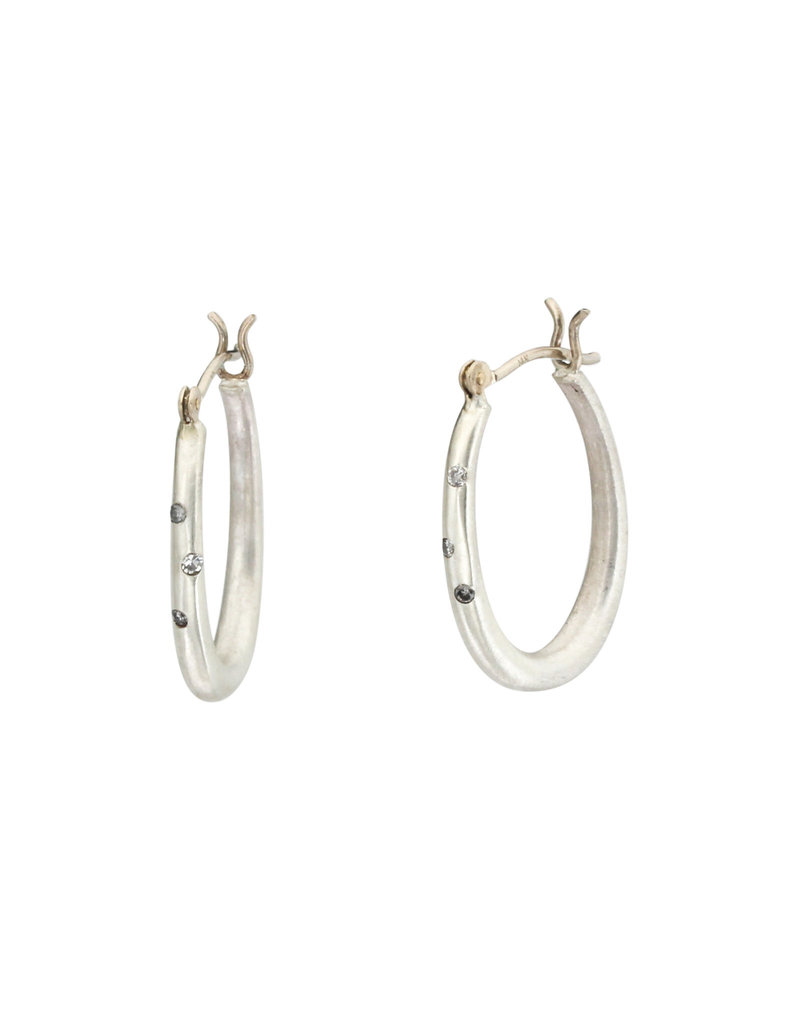 Small Katachi Oval Hoop Earrings with Locking Wire in Brushed Silver and (3) Grey Diamonds