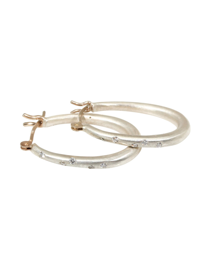 Small Katachi Oval Hoop Earrings with Locking Wire in Brushed Silver and (10) White Diamonds