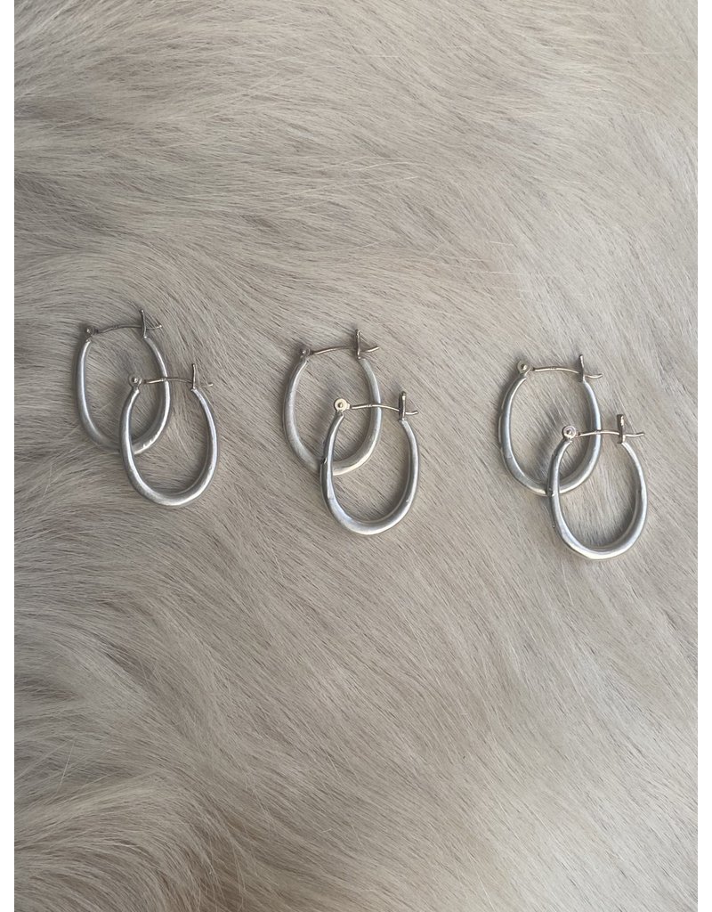 Small Katachi Oval Hoop Earrings with Locking Wire in Brushed Silver and (10) White Diamonds
