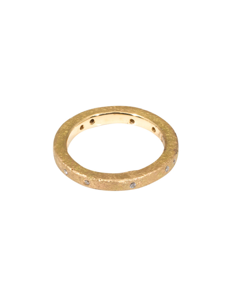 Simple Architectural Gold Band with White Diamonds in 18k Rose Yellow Gold and Sand Texture