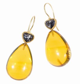 Amber Drop Earrings with Black Rose Cut Diamonds in 22k and18k Yellow Gold