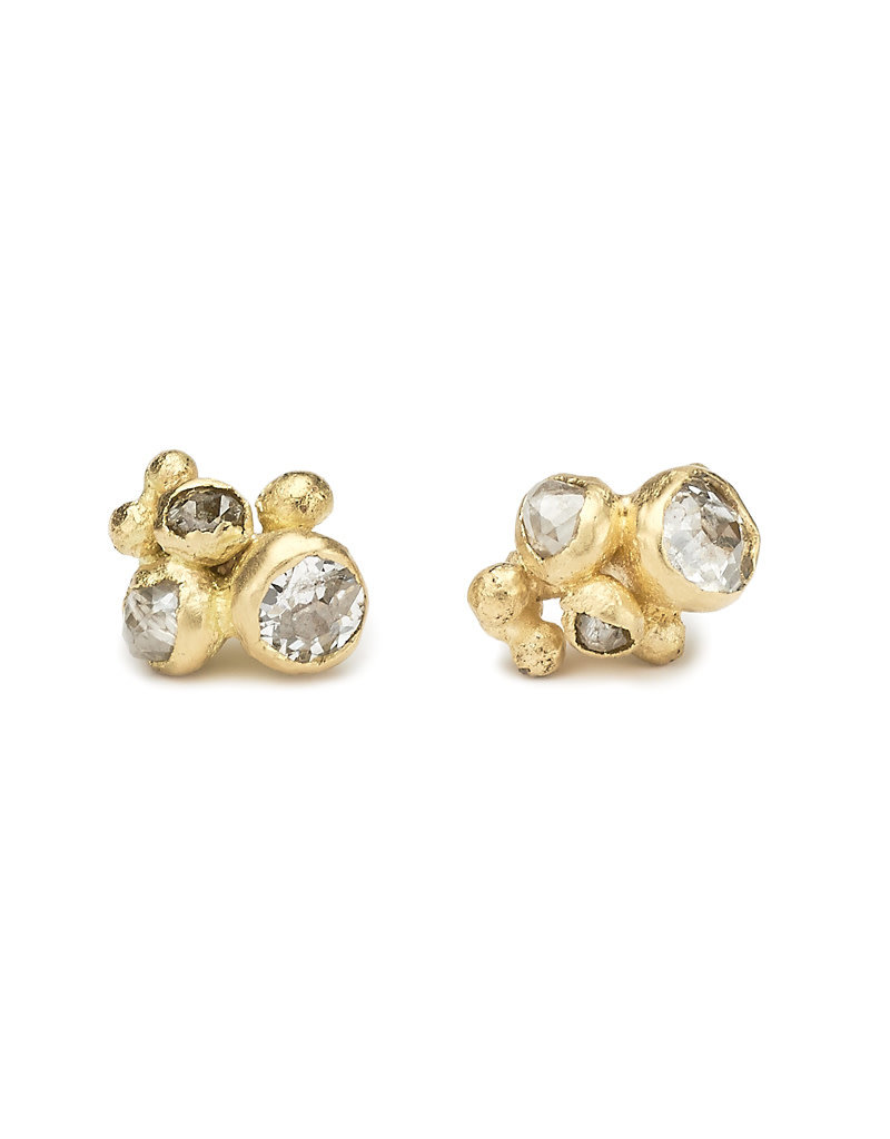 Mixed Diamond Cluster Post Earrings in 18K Yellow Gold