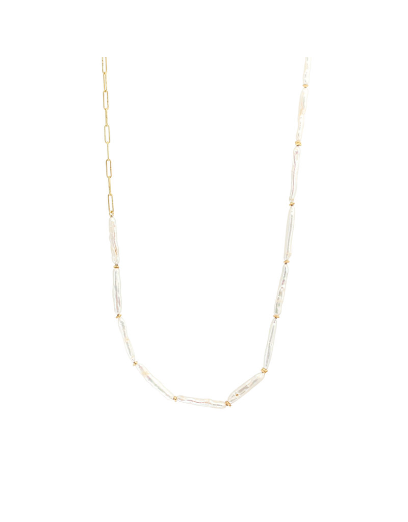 Stick Pearl Necklace with Organic Gold Beads and Handmade Chain in 18k Gold