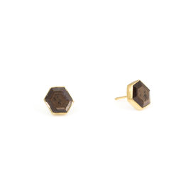Hexigon Taupe Brown Sapphires 18k Yellow Gold Post Earrings