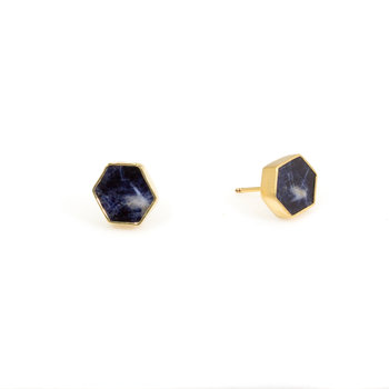 Hexigon Blue Sapphires 18k Yellow Gold Post Earrings