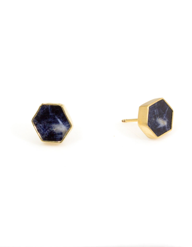 Hexigon Blue Sapphires 18k Yellow Gold Post Earrings