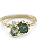 Green Sapphire and Diamond Asymmetric Cluster Ring in 14k Yellow Gold